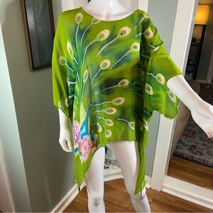 Sheer Silk Peacock Print Kimono Caftan Blouse Top Batik OS Draped Asymmetrical